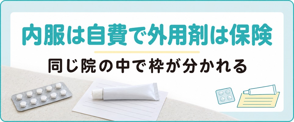 自費の内服と保険の外用剤で枠が分かれることを示した章の扉