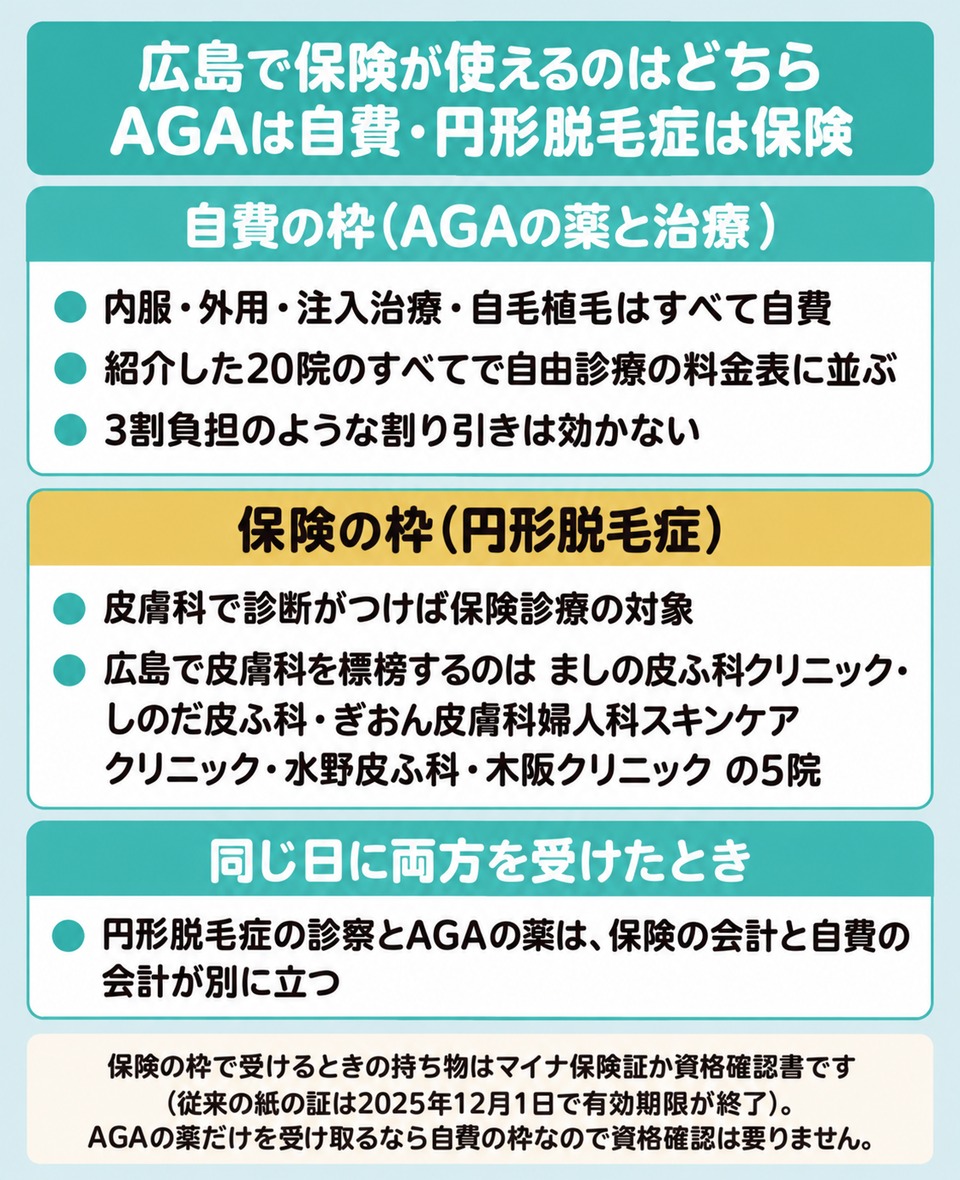 広島のAGAは自費で円形脱毛症は保険という会計の枠の違いを示した図