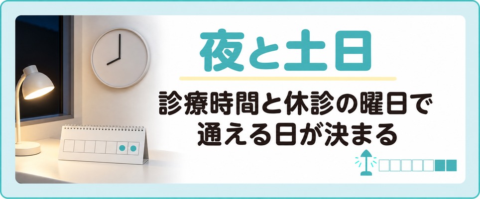 池袋のAGAクリニックの診療時間と休診の曜日で通える日が決まることを示す章扉