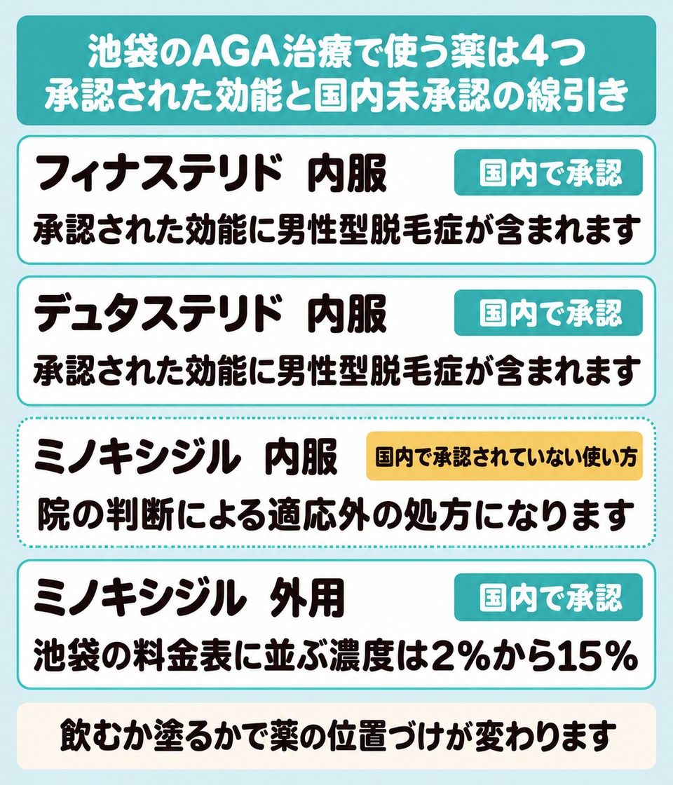 池袋のAGA治療で使うフィナステリドとデュタステリドとミノキシジルの内服と外用について国内の承認の範囲をまとめた図