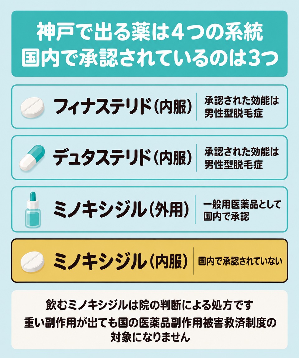 AGA治療薬の4つの系統のうち飲むミノキシジルだけが国内で承認されていないことが分かる図