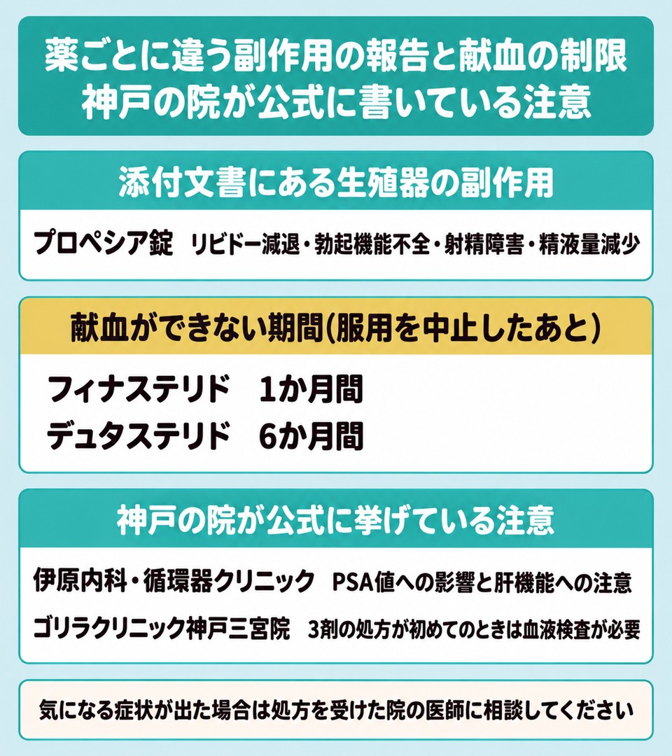 AGA治療薬の副作用の報告と献血ができない期間が薬剤ごとに違うことが分かる図