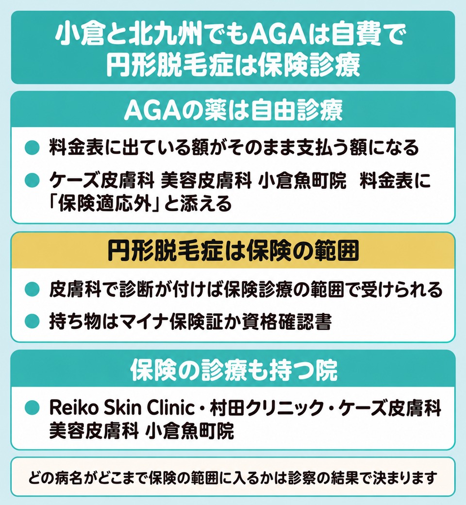 小倉と北九州でAGA治療が自費になり円形脱毛症が保険診療の範囲になる図