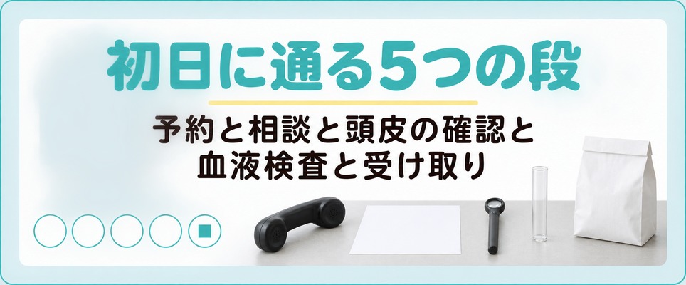 熊本でAGAの薬を受け取るまでは予約と相談と頭皮の確認と血液検査と受け取りの5つの段を通る