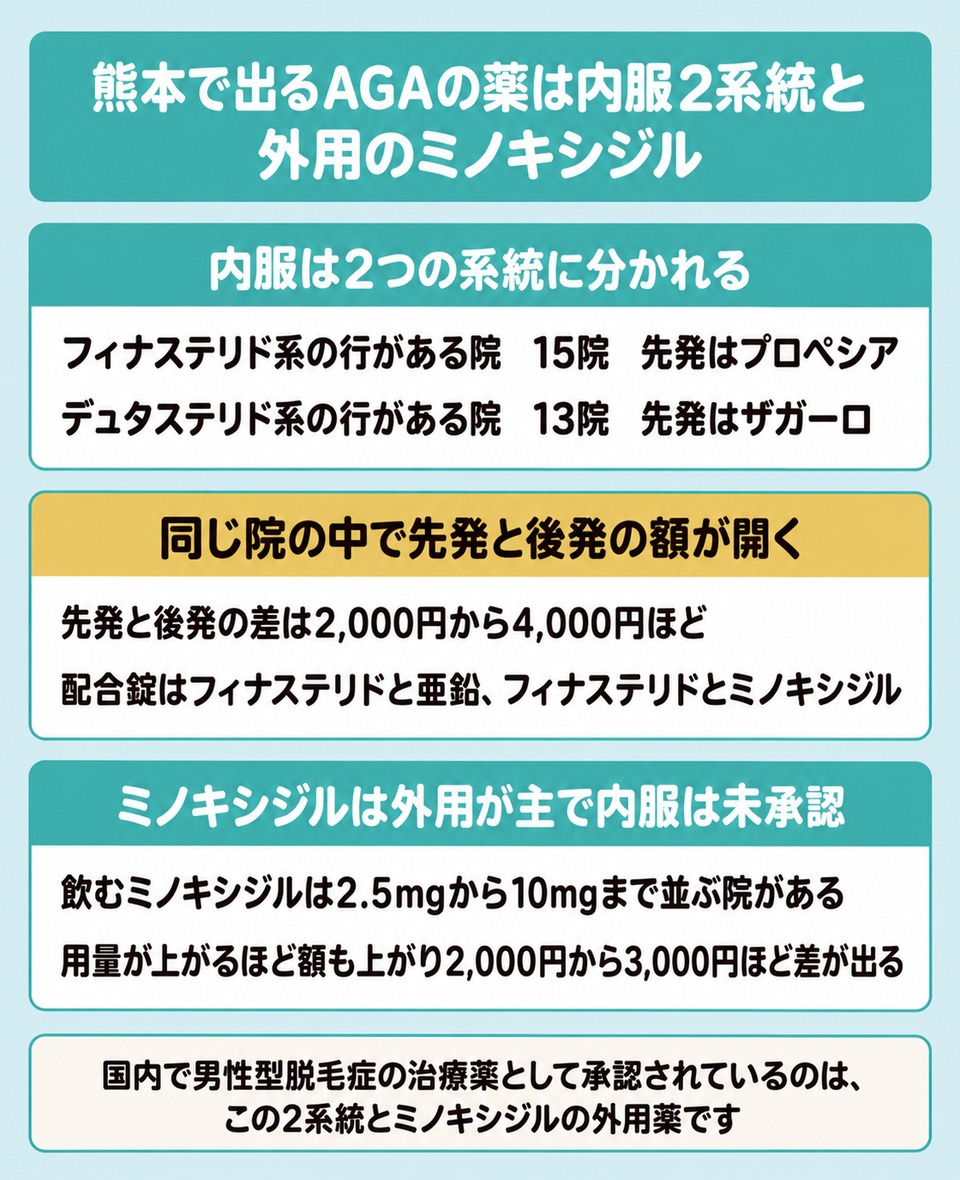 熊本で出るAGAの内服はフィナステリド系とデュタステリド系の2系統でミノキシジルは外用が主になる図