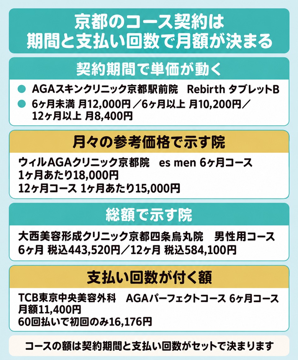 京都のAGA治療でコースを契約すると契約期間と支払い回数で月々の額が決まる図