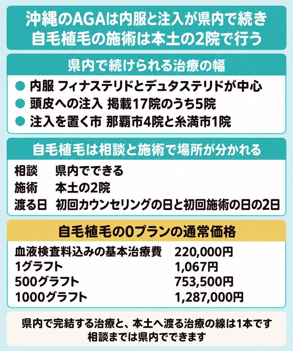 沖縄で内服と注入が県内で続き自毛植毛の施術が本土の2院になる線引きの図