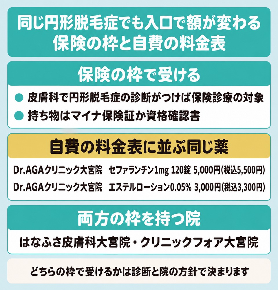 大宮で円形脱毛症を保険の枠で受ける場合と同じ薬が自費の料金表に並ぶ場合の図