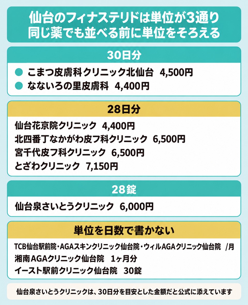 仙台のAGAクリニックのフィナステリドの価格を30日分と28日分と28錠と月単位の4通りに分けた図