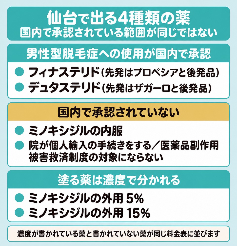 仙台で出るAGA治療の4種類の薬を国内で承認された範囲と外用の濃度で分けた図