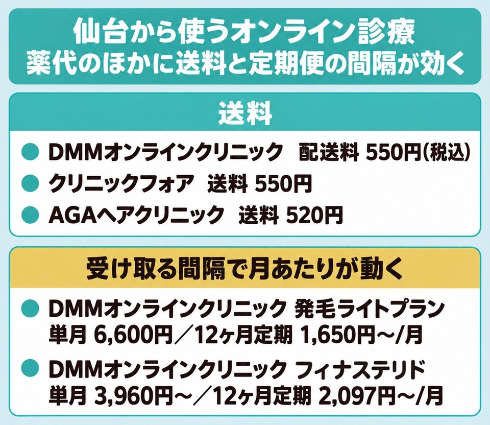仙台から使うAGAのオンライン診療3社の送料と定期便の間隔で動く月額を並べた図