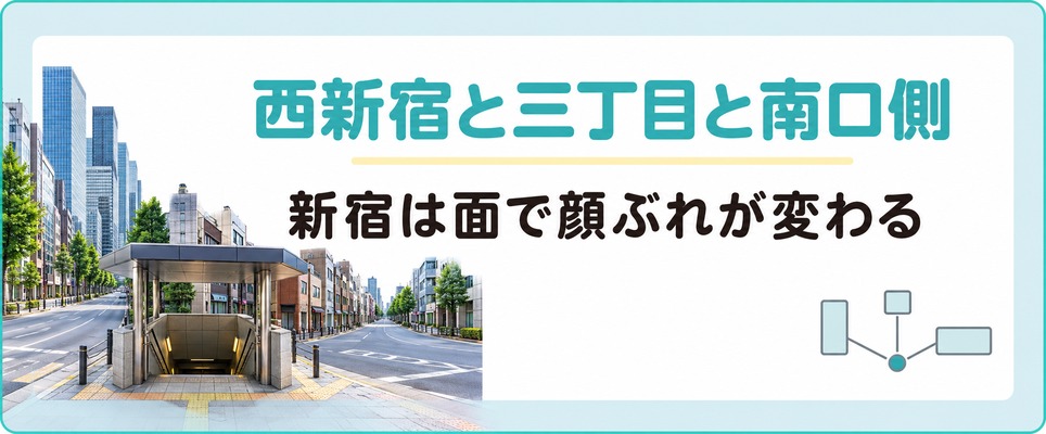ひとつの街角から3方向に道が分かれる新宿の面ごとの章扉