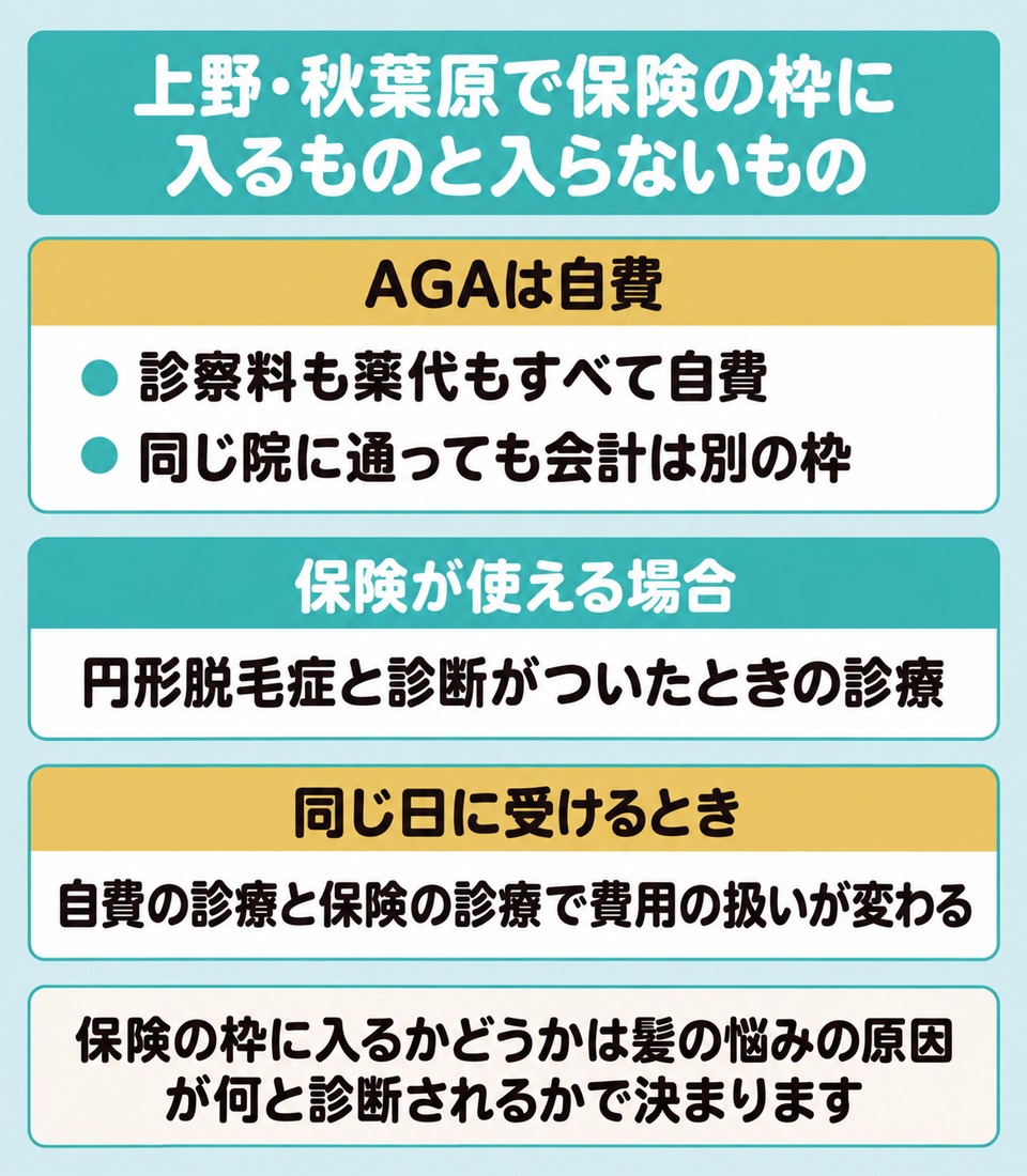 上野・秋葉原のAGAで保険の枠に入る診療と自費になる診療を分けた図