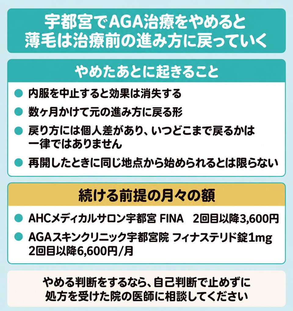 宇都宮でAGA治療をやめたあとに起きることと続ける前提の月々の額の図解