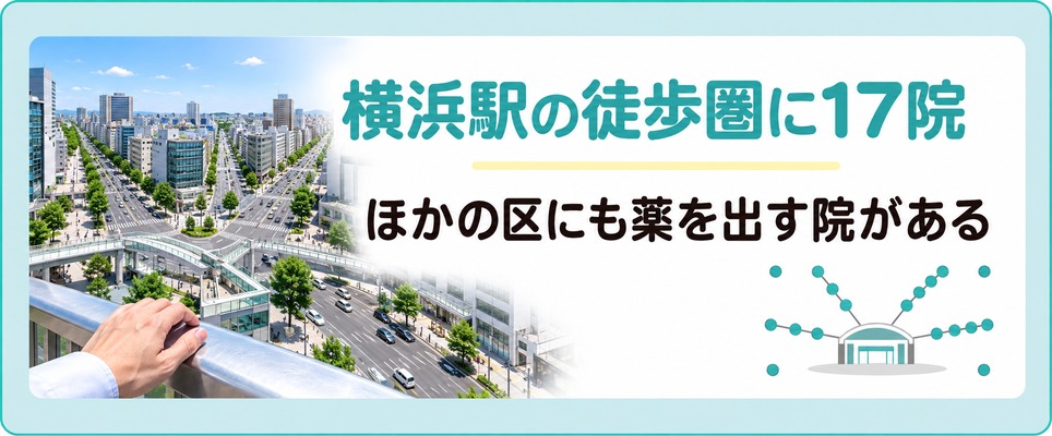 横浜駅の徒歩圏に17院が分かれて立つ