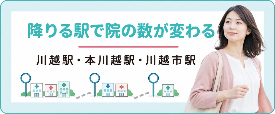 川越駅・本川越駅・川越市駅のどこで降りるかで歩いて行ける女性の薄毛治療(FAGA)の院の数が変わる