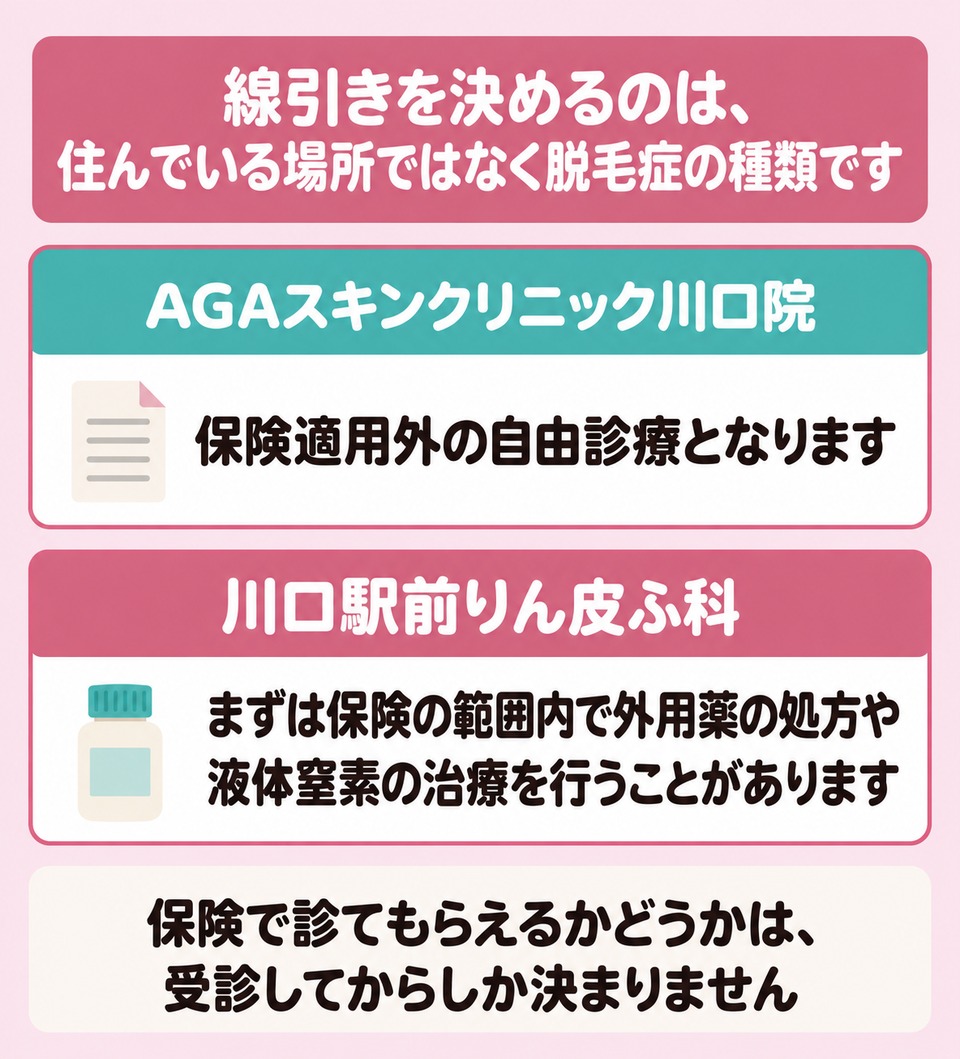AGAスキンクリニック川口院の自由診療とりん皮ふ科の保険の範囲内の線引きの図解