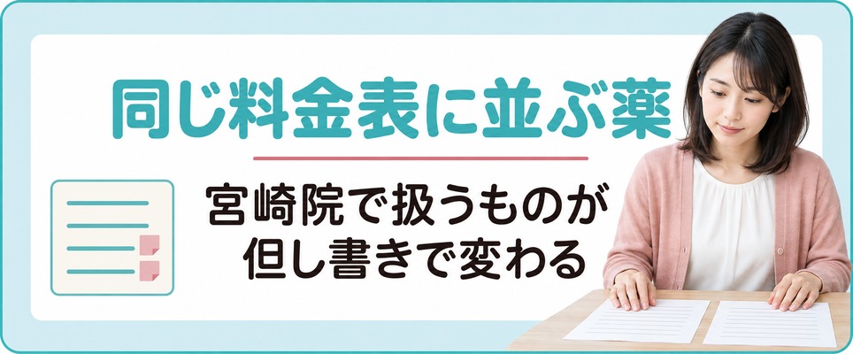 宮崎では同じ料金表の薬とプランでも宮崎院で扱うものは但し書きで変わる