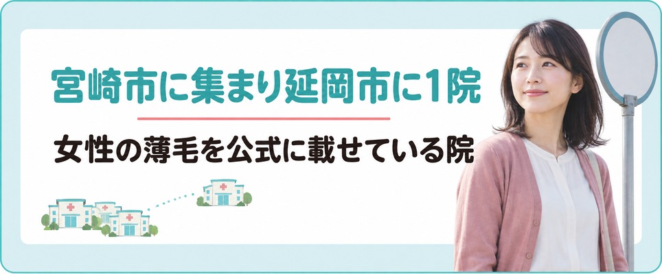 宮崎で女性の薄毛を扱う院は宮崎市に集まり延岡市では北浦町に1院