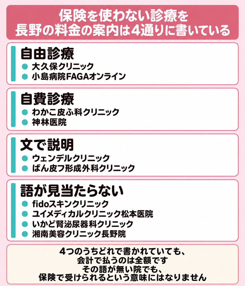 保険を使わない診療を長野の料金の案内がどう書いているか