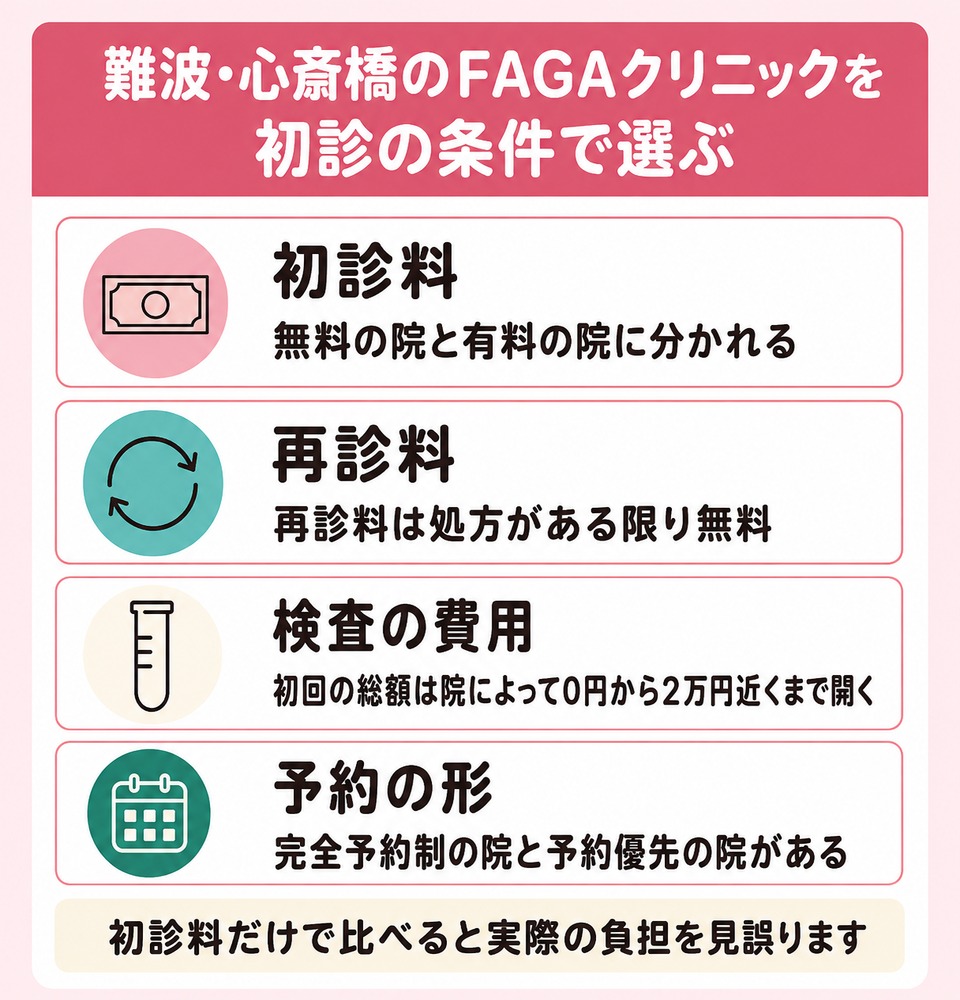 難波・心斎橋のFAGAクリニックを初診の条件で選ぶ