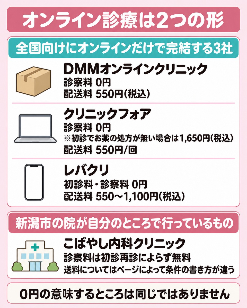 全国向けの3社と新潟市の院が自前で行うオンラインの違い