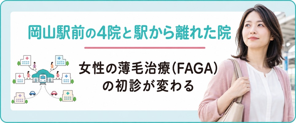 岡山駅前の4院と駅から離れた院で女性の薄毛治療(FAGA)の初診が変わる