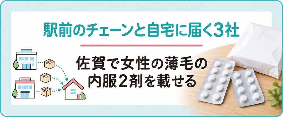 佐賀で女性の薄毛の内服2剤がそろうのは駅前のチェーン2院と自宅に届く3社で地元の院は外用かパントガール