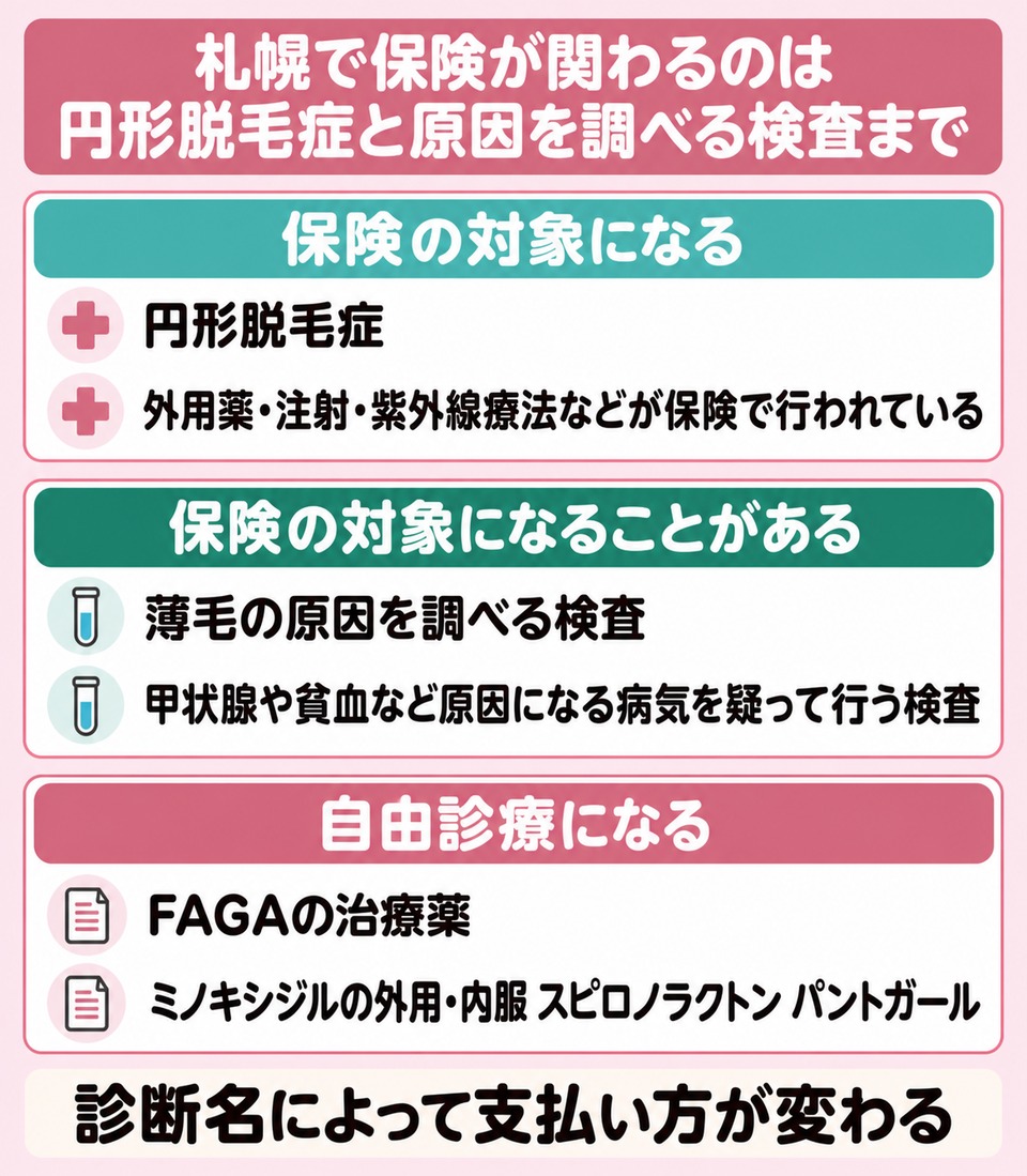 札幌で保険が関わるのは円形脱毛症と原因を調べる検査まで