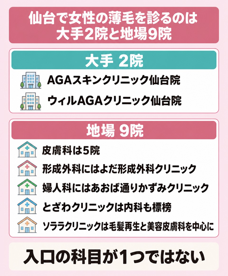 仙台で女性の薄毛を診る11院の内訳