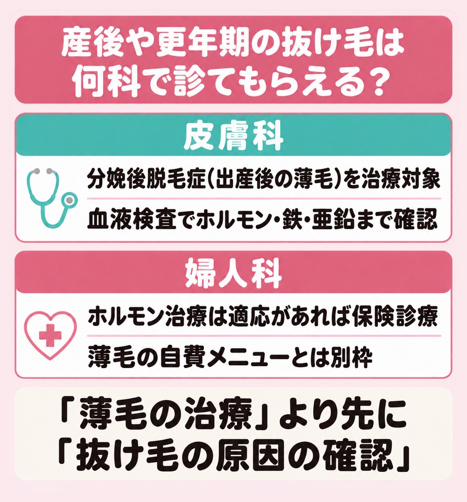 産後や更年期の抜け毛を診てもらえる皮膚科と婦人科の違い