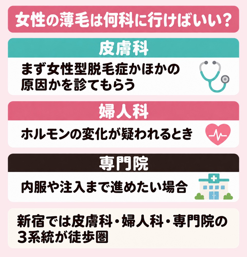 女性の薄毛は皮膚科・婦人科・専門院のどこに行くか