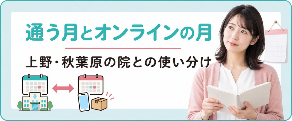 上野・秋葉原の院に通う女性がオンライン診療も使うときの月の分け方