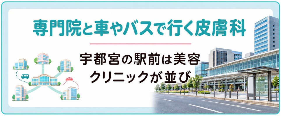 宇都宮の駅前は薄毛の専門院と美容クリニックが並び女性の薄毛に触れる皮膚科は車やバスで行く場所にもある