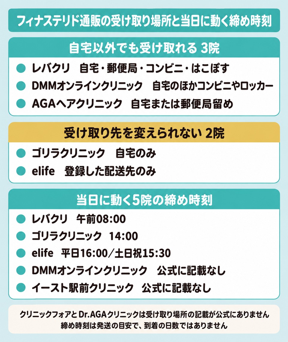 フィナステリド通販の受け取り場所と当日に動く5院の締め時刻を並べた図