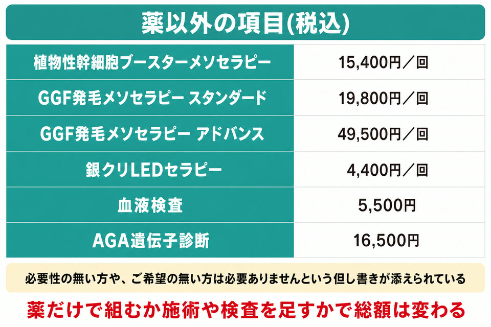 銀クリの薬以外の項目の料金